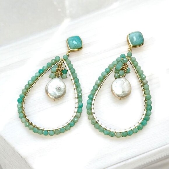 NEW Statement Chandelier Earrings Beaded Natural Amazonite Fresh Water Pearl 18K - Picture 5 of 12